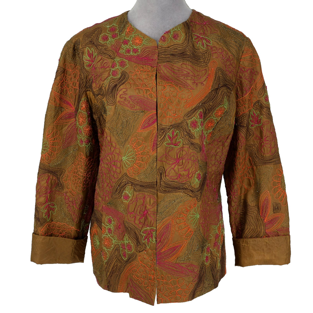Chicos Jacket 2 Womens 12 Large Bronze Gold Embroidered Lined Hook Eye Lagenlook
